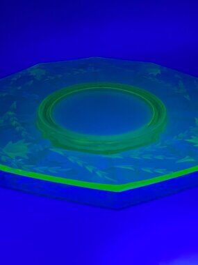 Antique Uranium Vaseline Glass Etched Floral Handled Serving Tray Glows